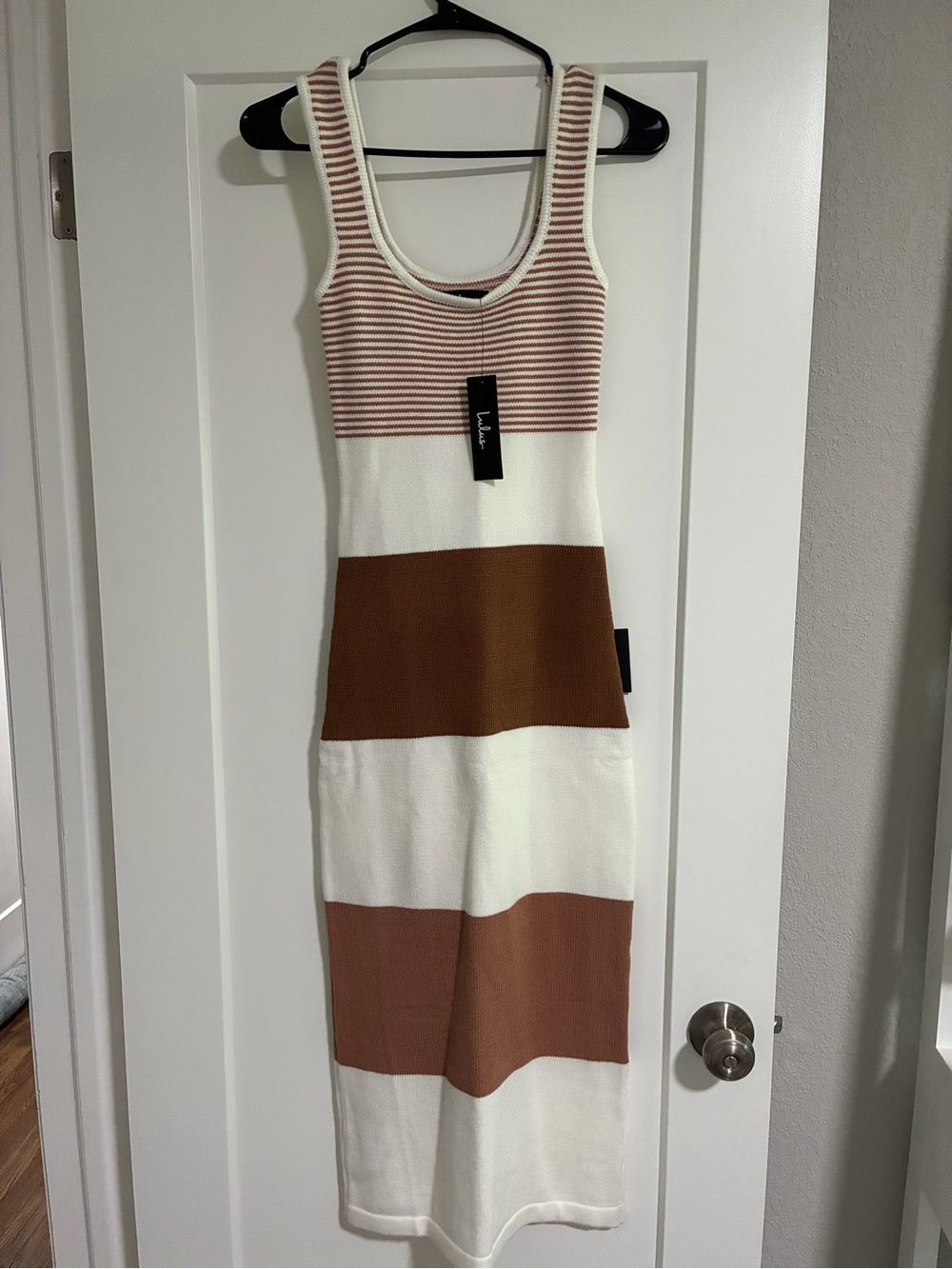 Easily Gorgeous Ivory and Brown Striped Midi Sweater Dress - Picture 2 of 3